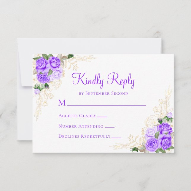 Cartão RSVP Casamento Dourado Roxo de Aquarela Floral (Frente)