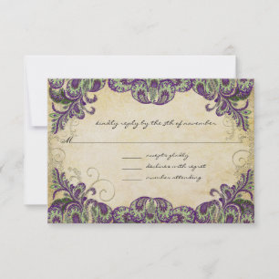 Cartão RSVP Casamento Dourado Roxo e Pavão Verde Elegante