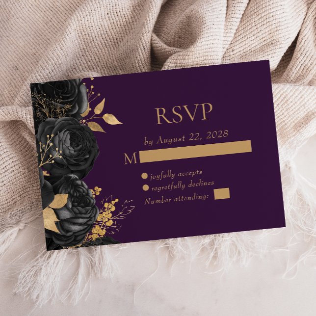 Cartão RSVP Casamento Dourado Roxo Preto Elegante (Criador carregado)