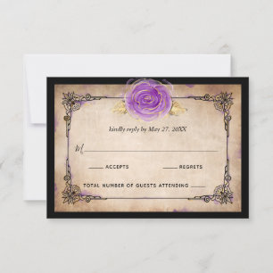 Cartão RSVP Casamento Dourado Roxo Rosa Rústico Elegante