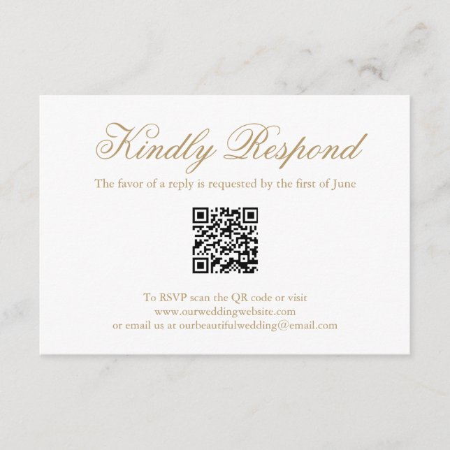 Cartão RSVP Casamento Dourado tradicional de código QR elegant (Frente)