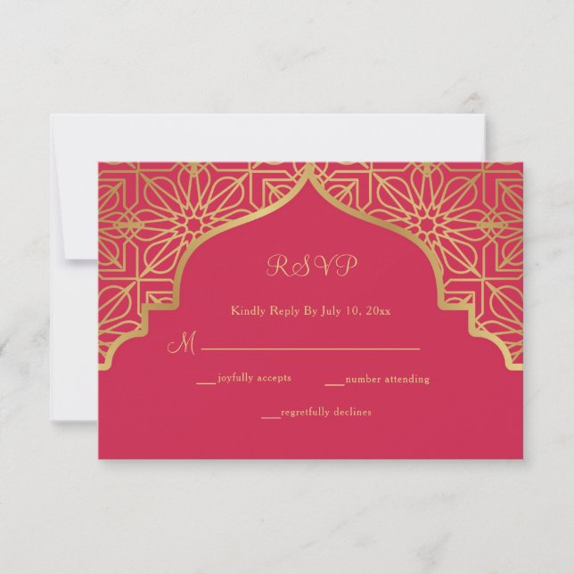 Cartão RSVP Casamento Dourado Vermelho Magenta Moderno (Frente)