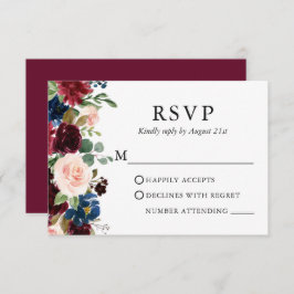Cartão RSVP Casamento Elegante Aquarela Borgonha Azul Floral