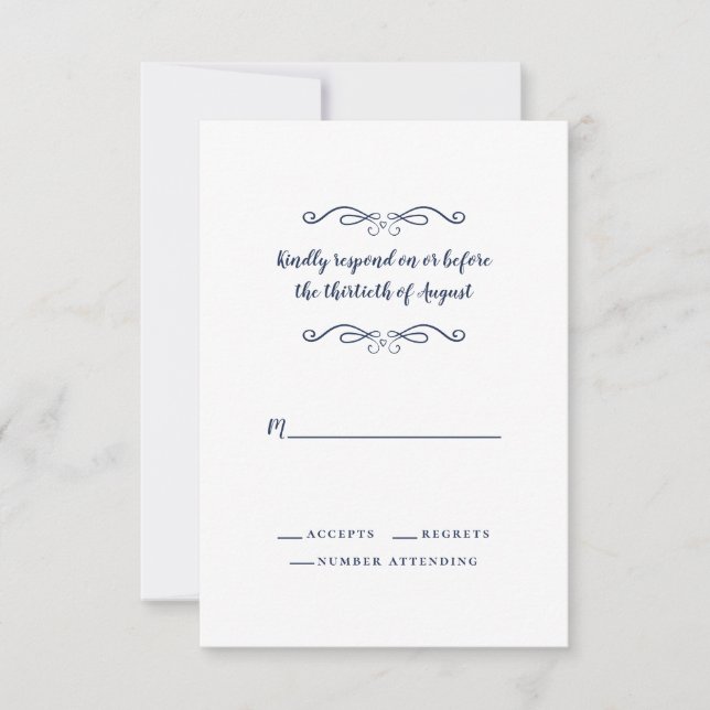 Cartão RSVP Casamento Elegante Azul Branco Clássico Minimalist (Frente)