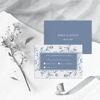 Cartão RSVP Casamento Elegante Azul-Dusty Floral