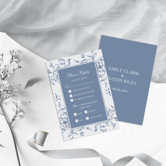 Cartão RSVP Casamento Elegante Azul-Dusty Floral (Criador carregado)