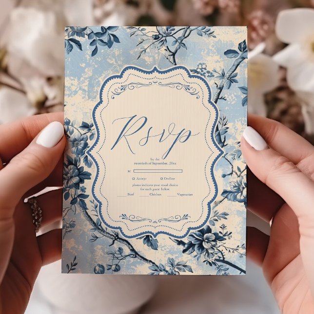 Cartão RSVP Casamento Elegante Blue Toile De Jouy (Criador carregado)
