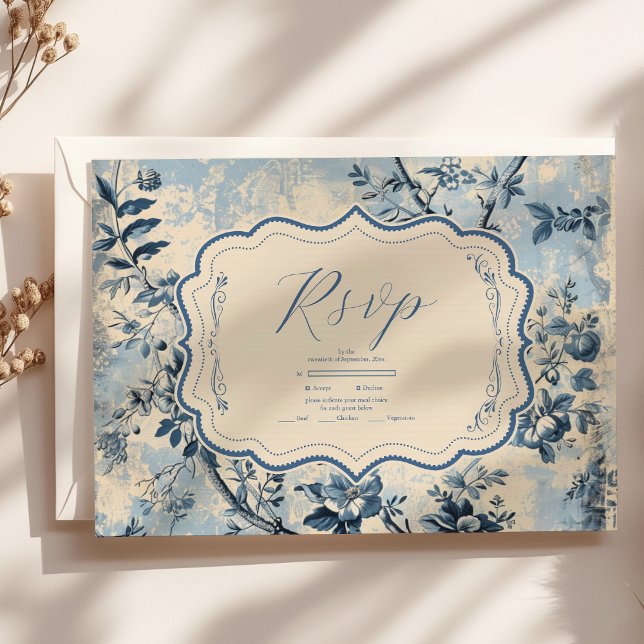 Cartão RSVP Casamento Elegante Blue Toile De Jouy (Criador carregado)
