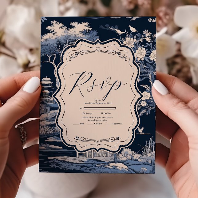 Cartão RSVP Casamento Elegante Blue Toile De Jouy (Criador carregado)
