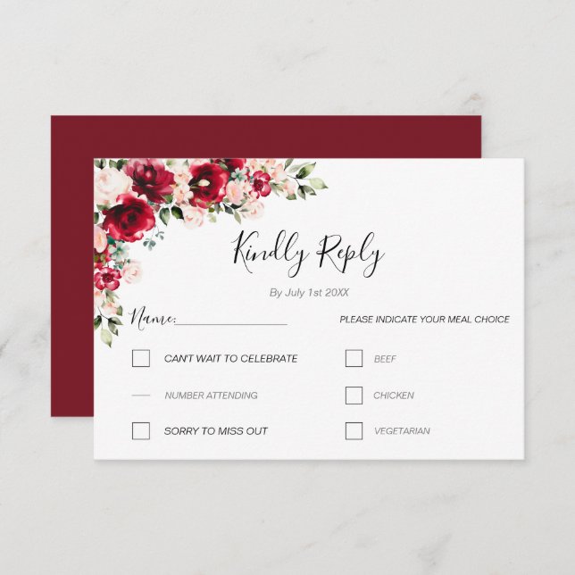 Cartão RSVP Casamento Elegante Blush e Rosa vermelha (Frente/Verso)