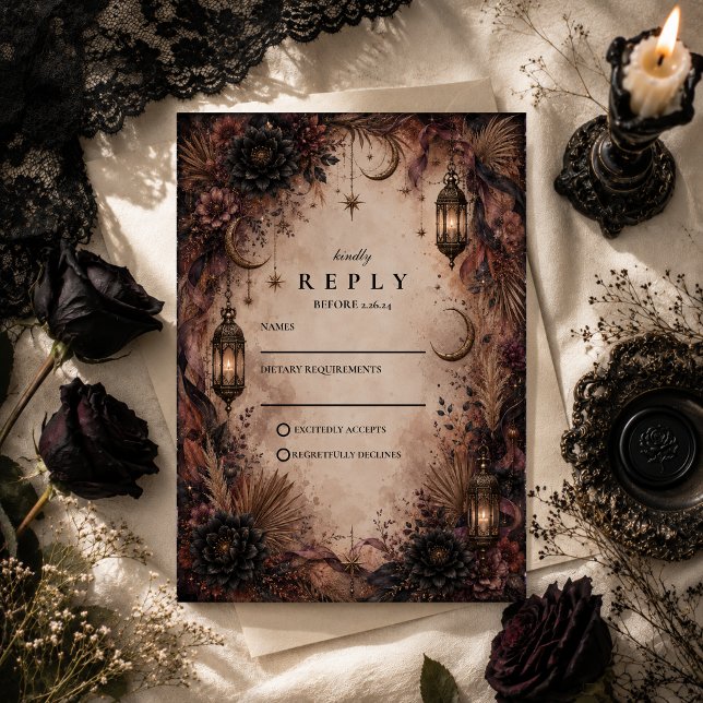 Cartão RSVP Casamento Elegante Boho Goth (Criador carregado)