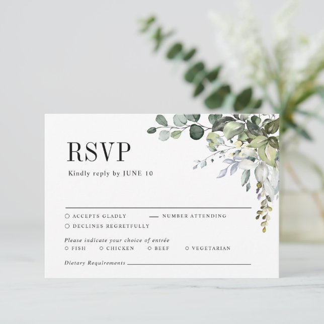 Cartão RSVP Casamento Elegante Botânico Verde Eucalyptus (Em pé/Frente)