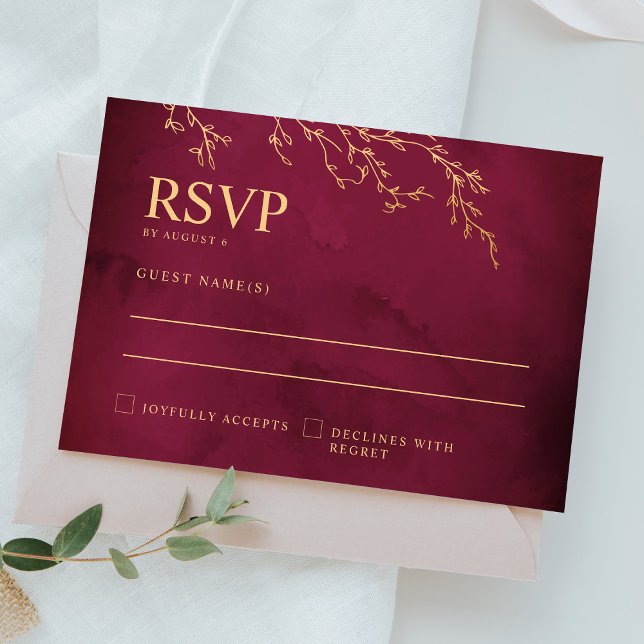 Cartão RSVP Casamento Elegante Botânico Vermelho e Dourado Cri (Criador carregado)