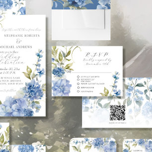 Cartão RSVP Casamento Elegante Branco e Azul Floral de Verão