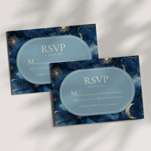 Cartão RSVP Casamento Elegante Céu Estrelado Dourado Azul
