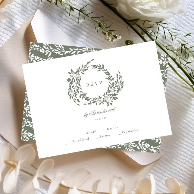 Cartão RSVP Casamento Elegante Clássico Wreath White & Sage Gr (Criador carregado)