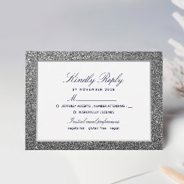 Cartão RSVP Casamento Elegante com Brilho Prateado