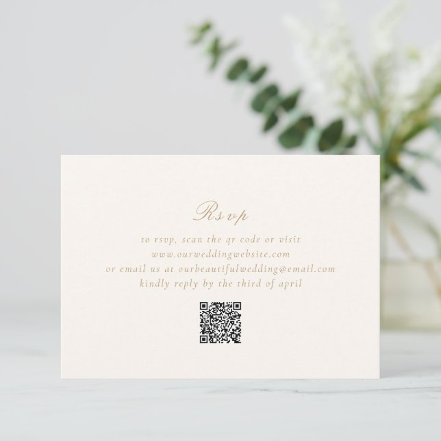 Cartão RSVP Casamento elegante com código QR limpo e Dourado (Em pé/Frente)