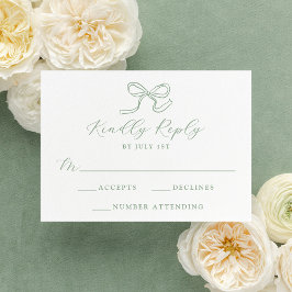 Cartão RSVP Casamento Elegante com Laço Verde Sálvia