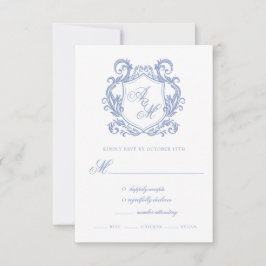 Cartão RSVP Casamento Elegante com Monograma e Brasão em Azul