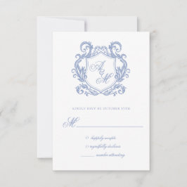Cartão RSVP Casamento Elegante com Monograma e Brasão em Azul