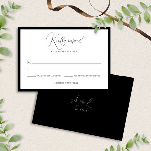 Cartão RSVP Casamento Elegante com Monograma Preto e Branco Bo