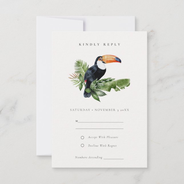 Cartão RSVP Casamento Elegante da Floresta Tropical Toucan (Frente)