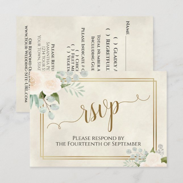 Cartão RSVP Casamento Elegante de Boho Pálido ou Rosas Brancas (Frente/Verso)