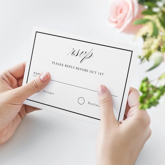 Cartão RSVP Casamento Elegante de Borda Branca e Negra (Criador carregado)