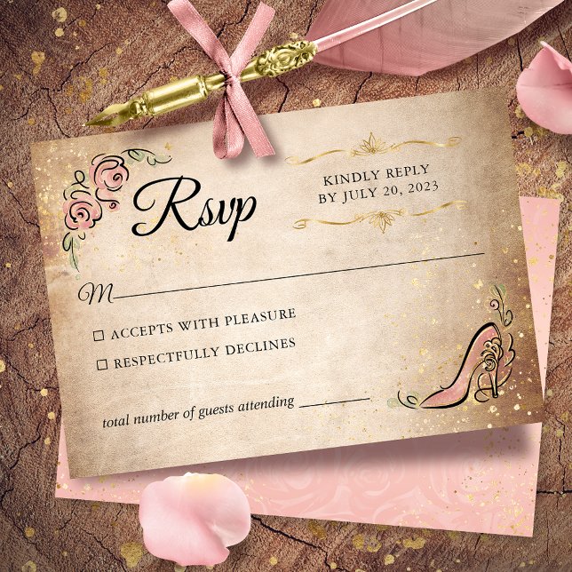 Cartão RSVP Casamento Elegante de Calçado Princesa Rosa e Dour (Light pink and gold RSVP cards to give your once upon a time celebration a true magical touch.)
