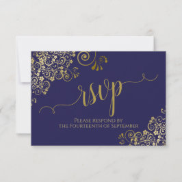 Cartão RSVP Casamento Elegante De Caligrafia Azul E Dourado De
