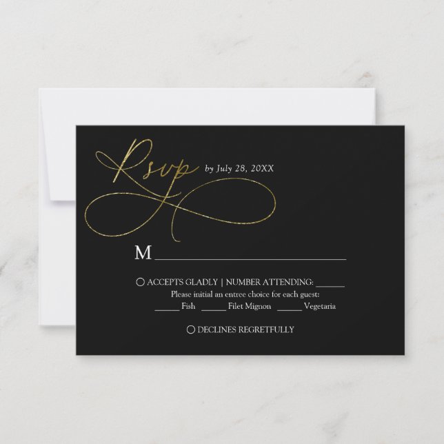 Cartão RSVP Casamento Elegante de Caligrafia Preta e Dourada (Frente)