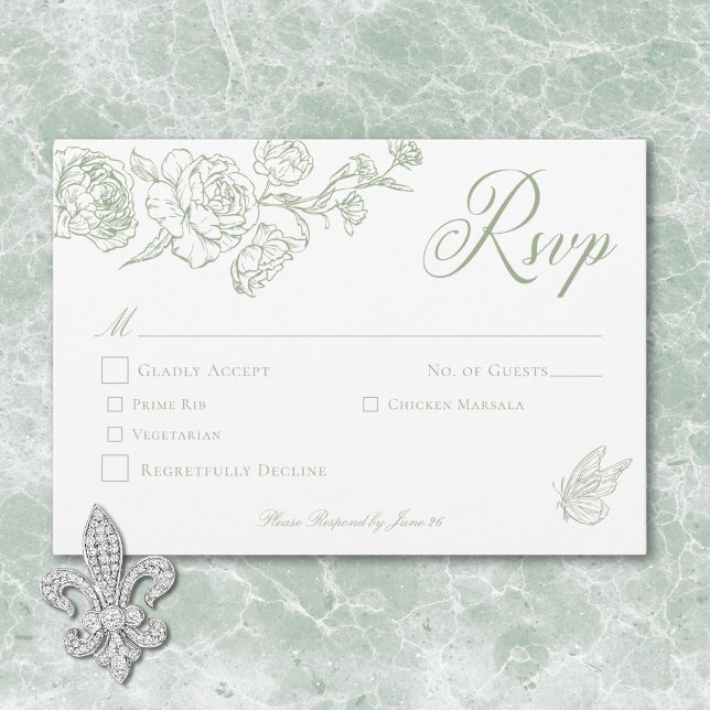 Cartão RSVP Casamento Elegante de Chinoiserie Bird & Crest (Elegant Green Chinoiserie Bird & Crest Wedding RSVP Card)