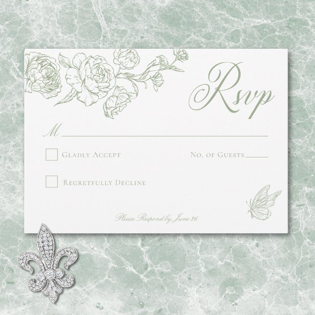 Cartão RSVP Casamento Elegante de Chinoiserie Bird & Crest (Elegant Green Chinoiserie Bird & Crest Wedding RSVP Card)