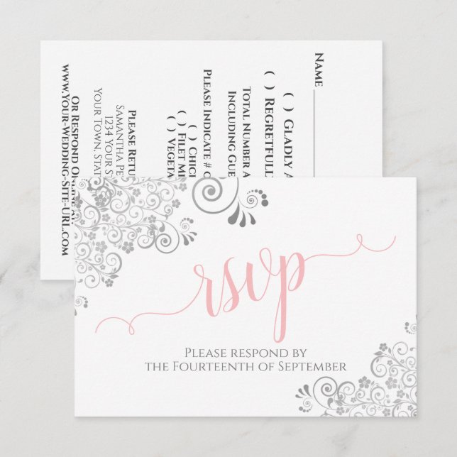 Cartão RSVP Casamento Elegante de Cinzas Rosa e Branco (Frente/Verso)