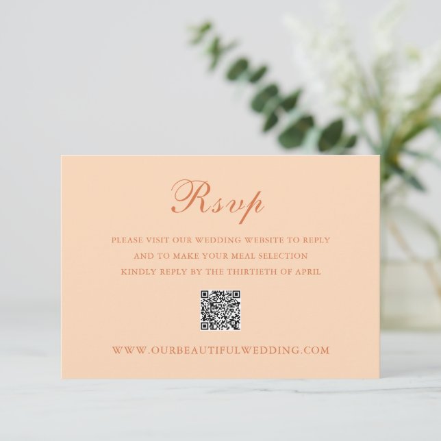 Cartão RSVP Casamento elegante de código QR de Peach clássico (Em pé/Frente)