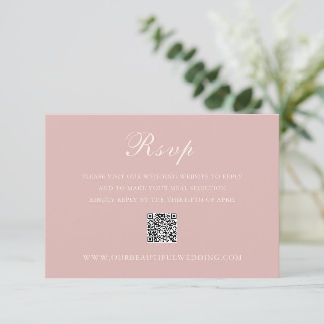 Cartão RSVP Casamento elegante de código QR rosa clássico (Em pé/Frente)