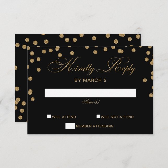 Cartão RSVP Casamento Elegante de Confetti Dourado Negro (Frente/Verso)