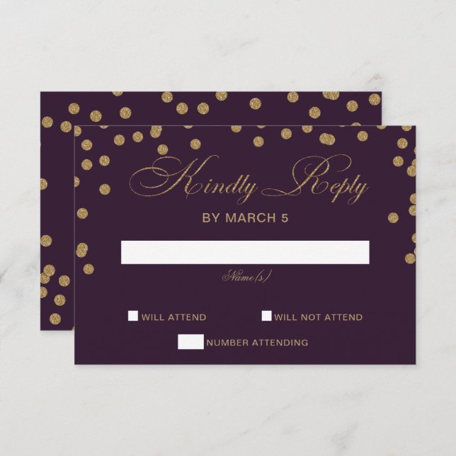 Cartão RSVP Casamento Elegante de Confetti Dourado Roxo (Frente/Verso)