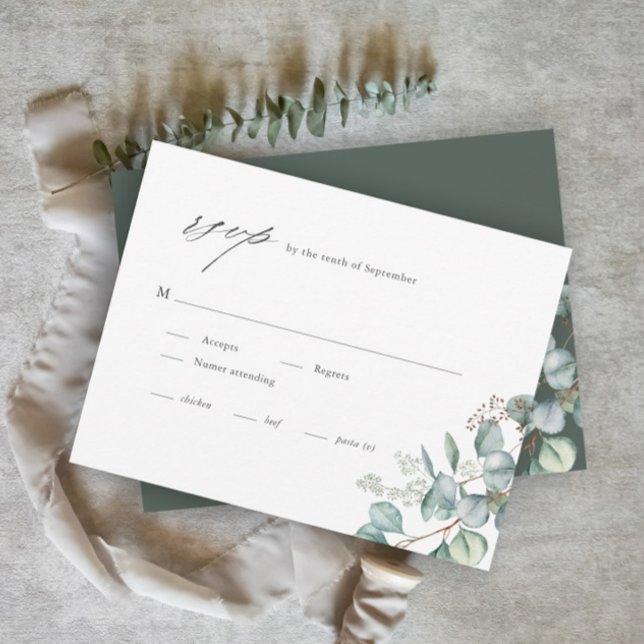 Cartão RSVP Casamento Elegante de Eucalyptus Watercolor (Elegant Eucalyptus Greenery Wedding RSVP Cards.)