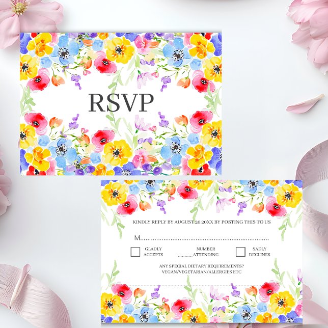Cartão RSVP Casamento Elegante De Flores De Aquarelas Vibrante (Criador carregado)