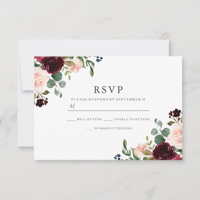 Cartão RSVP Casamento Elegante De Flores De Blush E Borgonha (Frente)