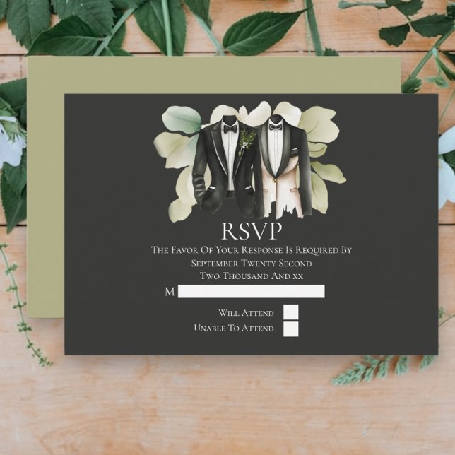 Cartão RSVP Casamento Elegante de Gay Dois Nascentes em Traços (Elegant Gay Wedding Two Grooms in Suits RSVP Cards from Ricaso)
