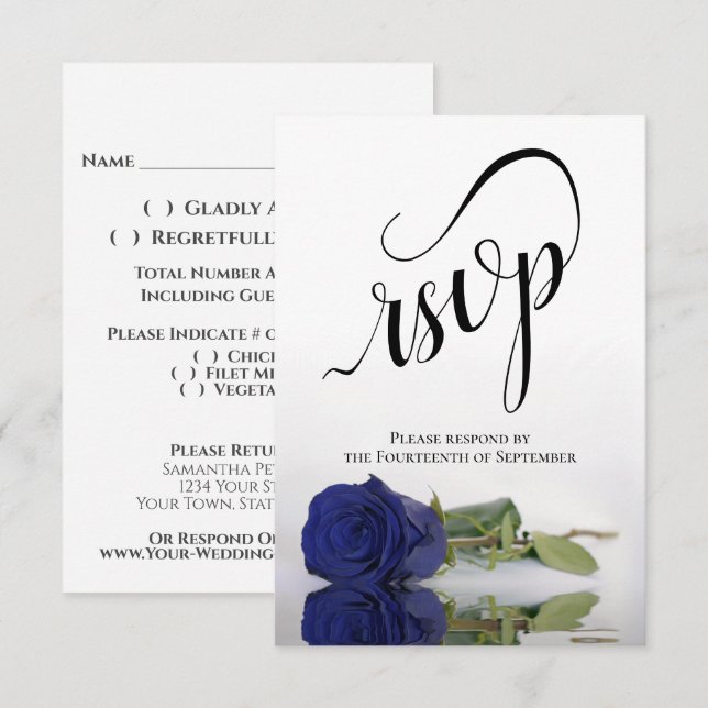 Cartão RSVP Casamento Elegante de Marinho Azul de Longa Escala (Frente/Verso)