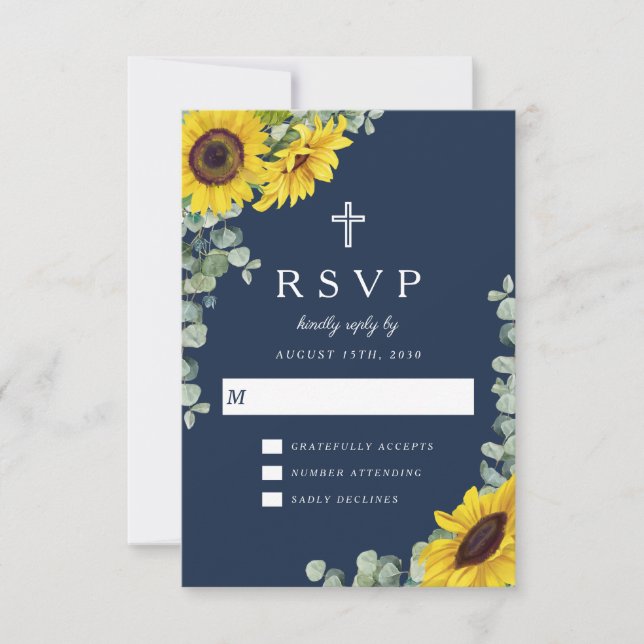 Cartão RSVP Casamento Elegante de Marinho Religioso Blue Sunfl (Frente)