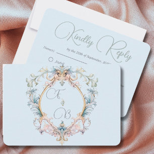 Cartão RSVP Casamento Elegante De Monograma Azul Da Era Da Reg