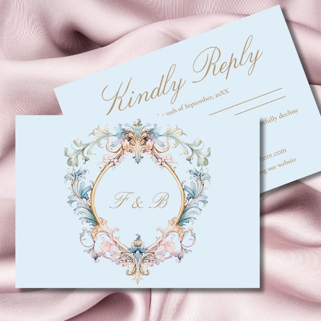 Cartão RSVP Casamento Elegante De Monograma Azul Da Era Da Reg (Criador carregado)