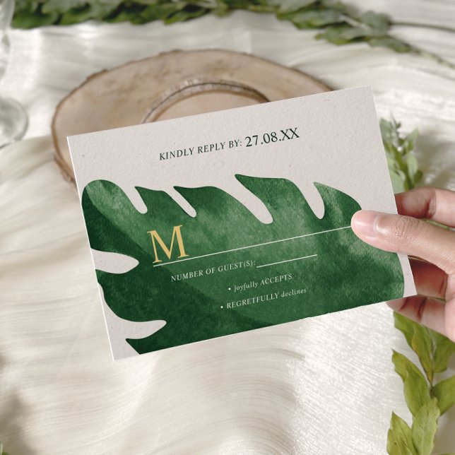 Cartão RSVP Casamento Elegante de Monstera Verde Tropical Leaf (Criador carregado)
