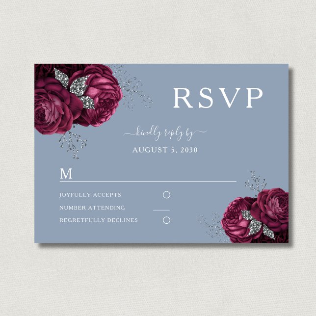 Cartão RSVP Casamento Elegante de Peonies Borgonhosos Azuis Du (Elegant Floral Dusty Blue Burgundy Wedding RSVP Card)