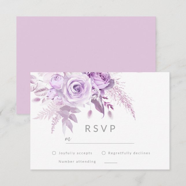 Cartão RSVP Casamento Elegante de Rosas Roxos Encantados (Frente/Verso)